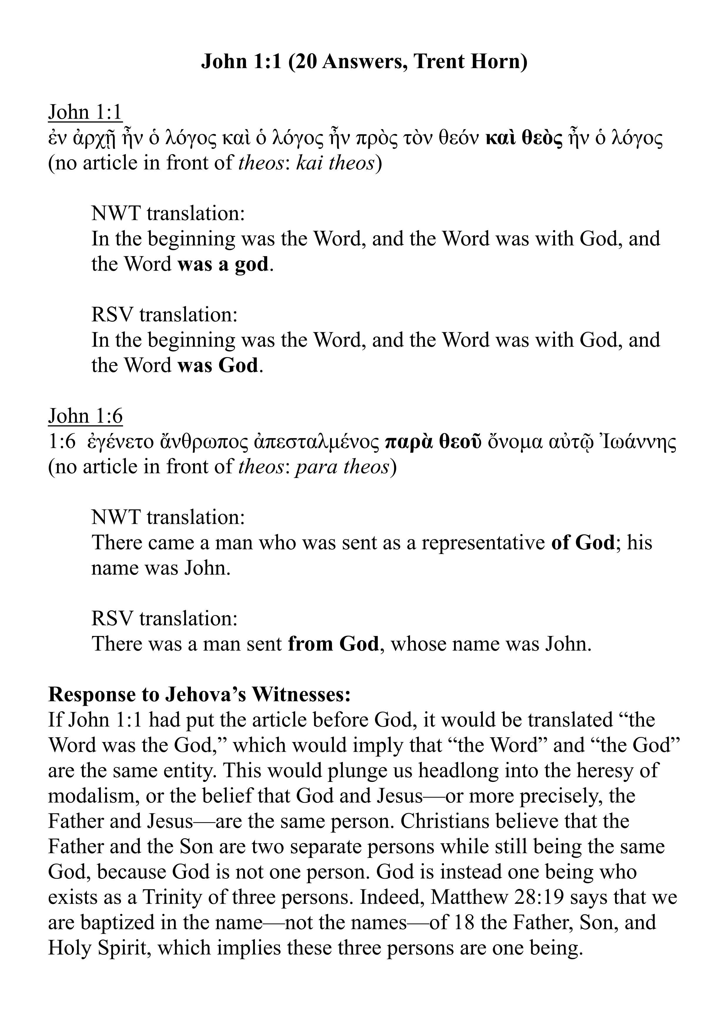 Response to Johova's Witnesses
